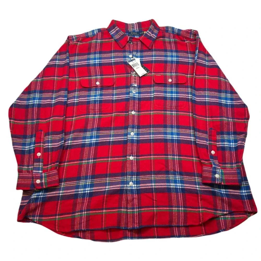 Polo Ralph Lauren Twill Sport Shirt Mens 3XB Big Tall Red Plaid Flannel $138 NEW